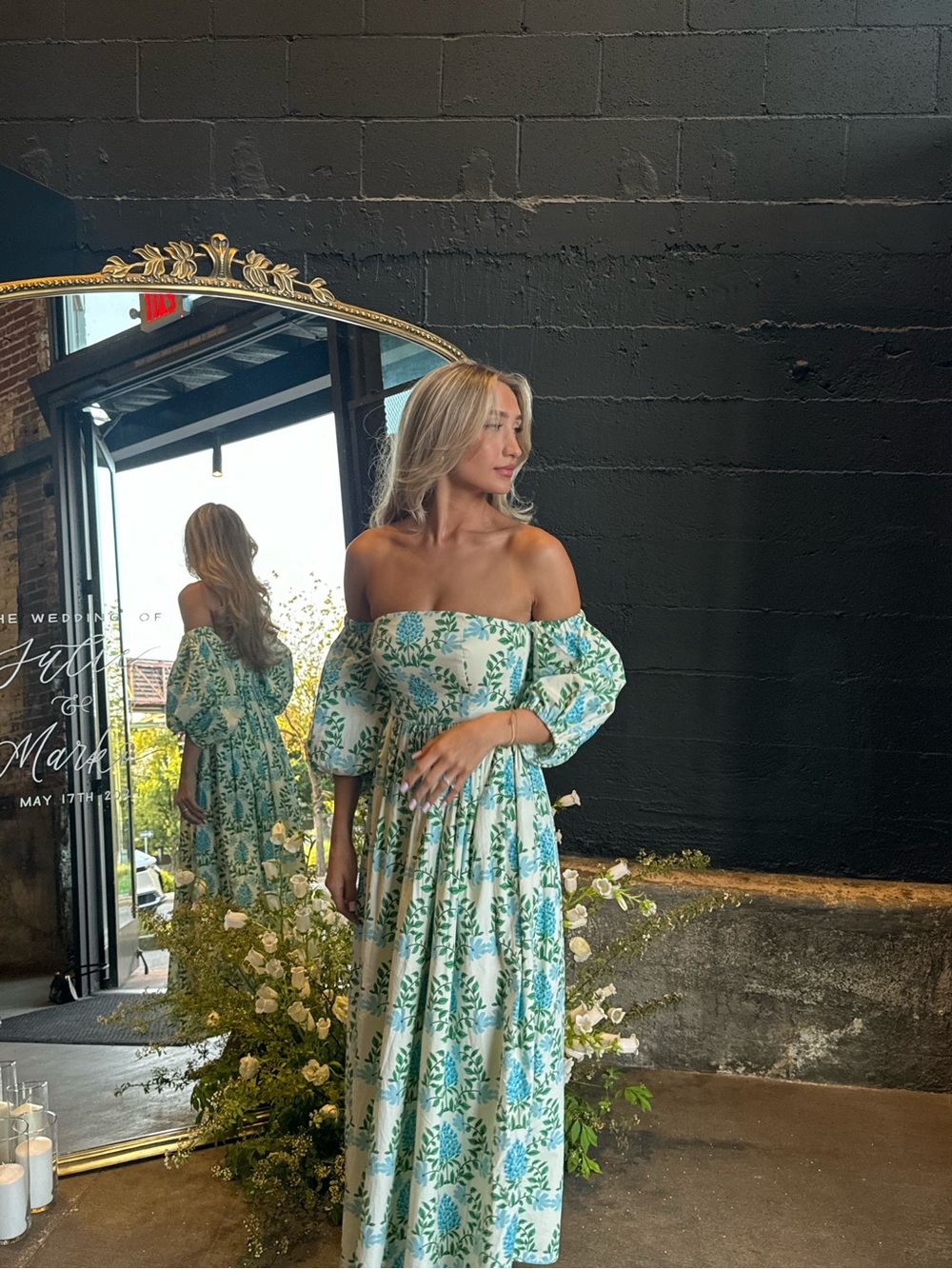 Anthropologie White and Teal Off-Shoulder Floral Maxi Dress